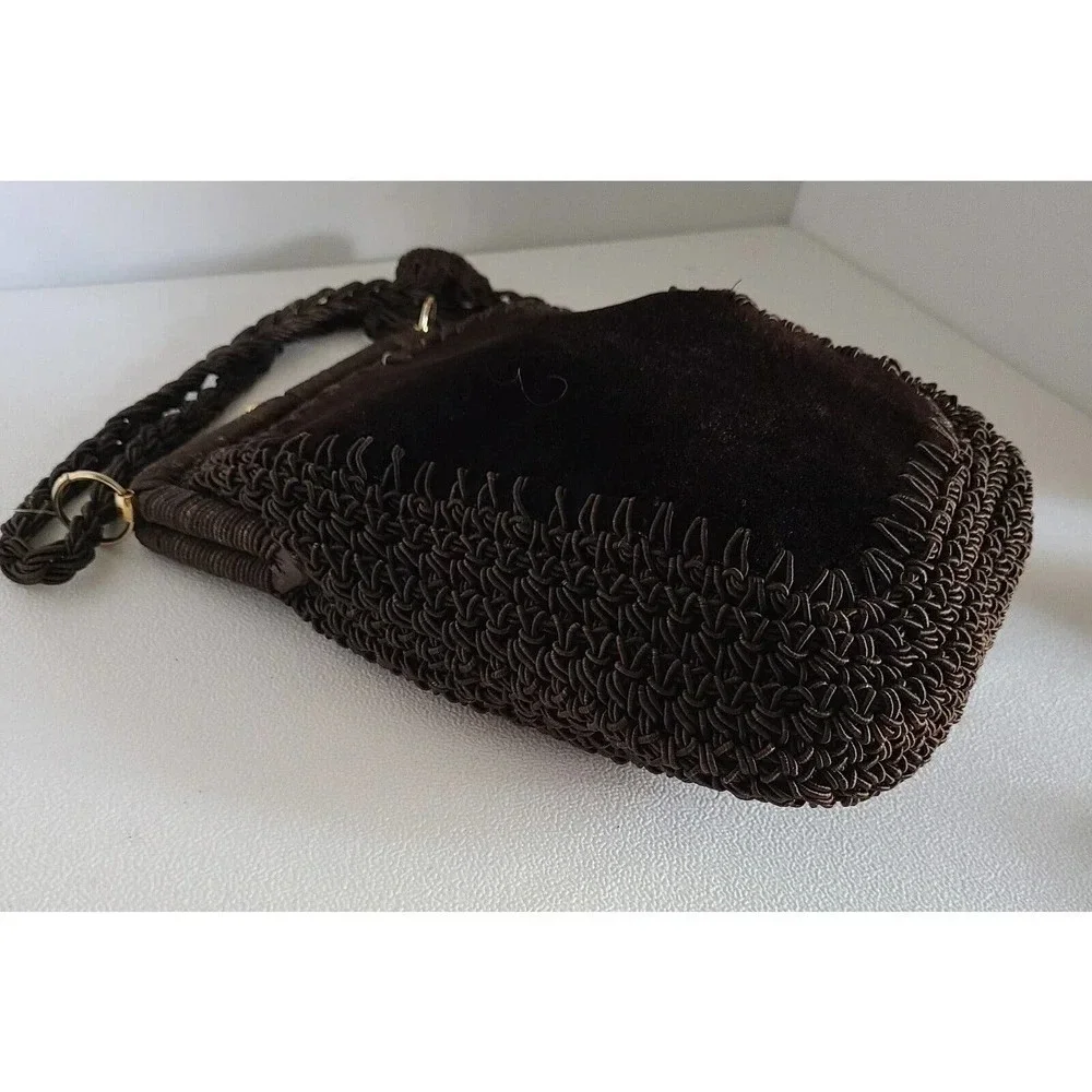 VINTAGE BAG Made in Italy BROWN VELVET & Brown Crochet Evening BAG PURSE